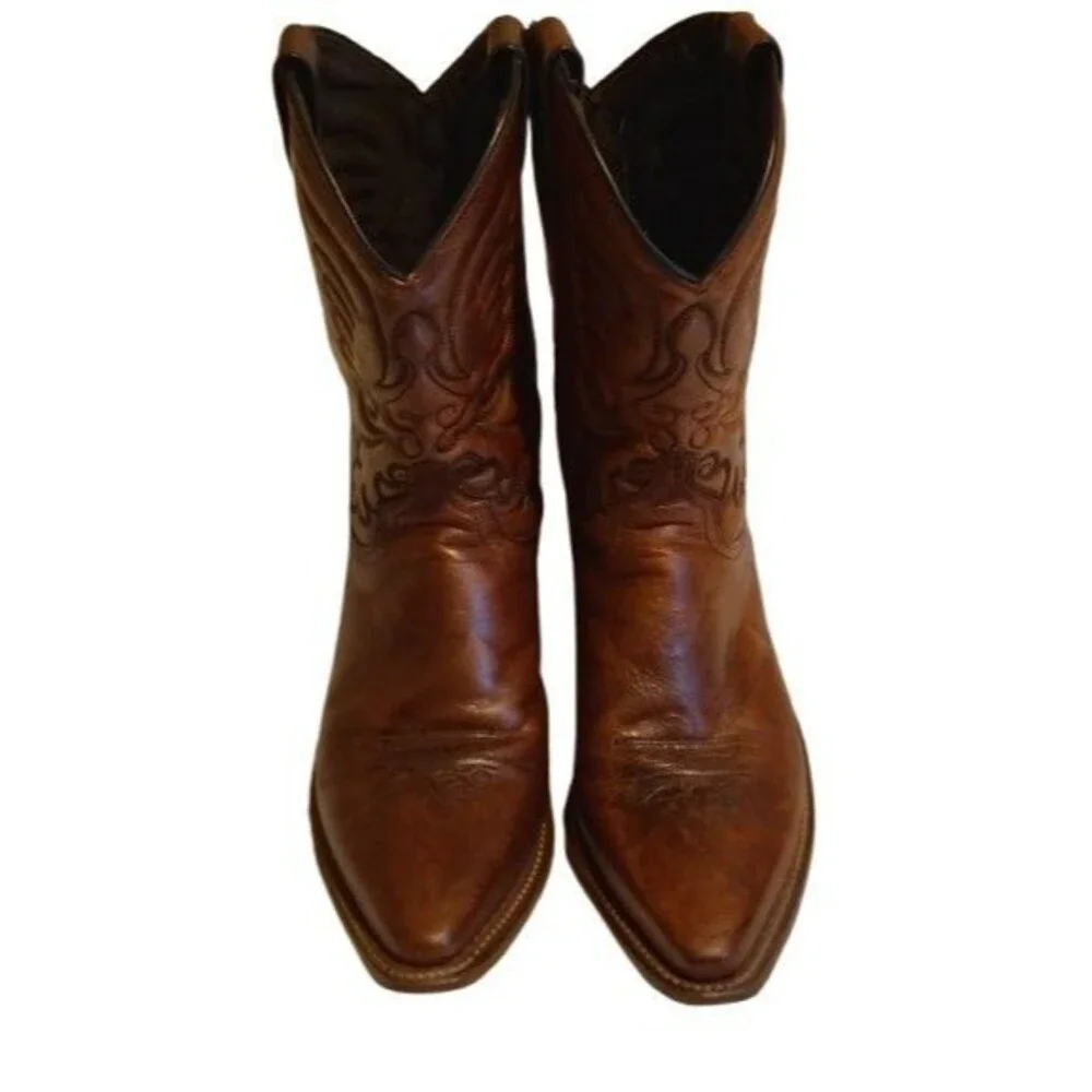 Vintage Western Leather Cowboy Boots Mens Brown Pointed Toe Shaft Stitching ~7